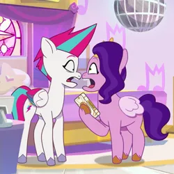 Size: 1081x1080 | Tagged: safe, derpibooru import, screencap, pipp petals, zipp storm, pegasus, pony, my little pony: tell your tale, spoiler:g5, spoiler:my little pony: tell your tale, spoiler:tyts01e26, duo, female, g5, image, jpeg, looking at each other, looking at someone, mare, puphunt, royal sisters (g5), siblings, sisters