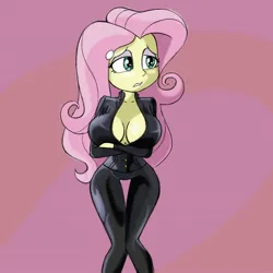 Size: 2048x2048 | Tagged: suggestive, artist:stammis, derpibooru import, fluttershy, human, equestria girls, absolute cleavage, big breasts, breasts, busty fluttershy, cleavage, clothes, crossed arms, female, huge breasts, image, jacket, jpeg, leather, leather jacket, leather pants, pants, pink background, simple background, solo, solo female