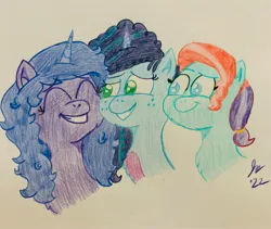 Size: 3024x2552 | Tagged: safe, artist:jesslmc16, derpibooru import, izzy moonbow, earth pony, pony, unicorn, g5, my little pony: make your mark, best friends, colored pencil drawing, drawing, fanart, female, image, jazz (g5), jpeg, looking at each other, looking at someone, mare, misty brightdawn, smiling, smiling at each other, traditional art