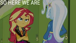 Size: 1920x1080 | Tagged: safe, derpibooru import, edit, edited screencap, editor:quoterific, screencap, sunset shimmer, trixie, equestria girls, equestria girls series, forgotten friendship, image, png