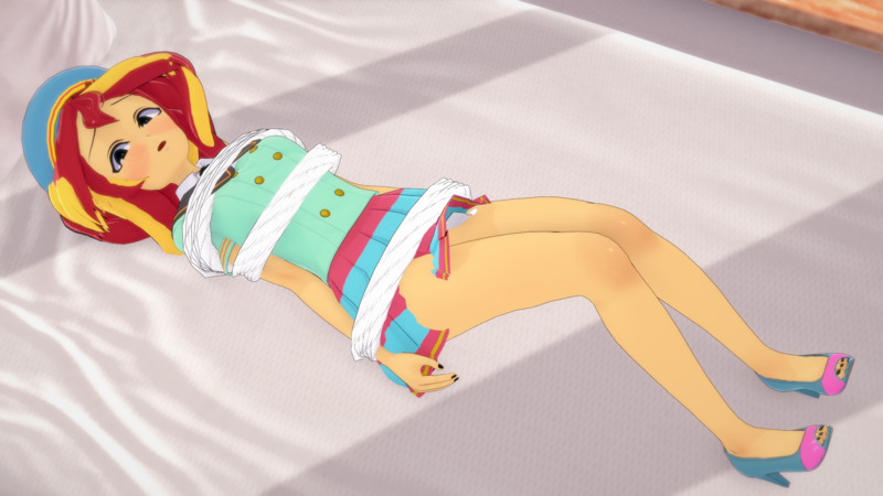 Size: 1920x1080 | Tagged: suggestive, artist:csxz, derpibooru import, sunset shimmer, equestria girls, 3d, blushing, bondage, clothes, image, koikatsu, looking at you, nail polish, open-toed shoes, png, sailor uniform, sandals, shoes, sunset shimmer day, tied up, uniform