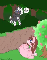 Size: 656x836 | Tagged: safe, artist:luna_mcboss, derpibooru import, oc, oc:double stuff, oc:yamire, unofficial characters only, clydesdale, earth pony, pegasus, pony, blank flank, blaze (coat marking), blue eyes, brown mane, chest fluff, coat markings, complex background, earth pony oc, facial markings, feathered fetlocks, feathered wings, female, filly, flower, foal, forest, glasses, gray coat, image, mottled coat, pegasus oc, pink coat, png, rose, short mane, socks (coat marking), spread wings, tree, white mane, wings