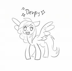 Size: 2048x2005 | Tagged: safe, artist:katputze, derpibooru import, derpy hooves, pegasus, pony, black and white, cute, derpabetes, female, grayscale, image, jpeg, looking at you, mare, monochrome, name, open mouth, open smile, simple background, sketch, smiling, smiling at you, solo, sparkles, spread wings, white background, wings