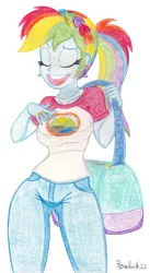 Size: 1050x1920 | Tagged: safe, artist:roseluck, derpibooru import, rainbow dash, human, equestria girls, alternate hairstyle, bag, big breasts, breasts, busty rainbow dash, camp everfree logo, camp everfree outfits, clothes, colored pencil drawing, cutie mark accessory, cutie mark earrings, denim, ear piercing, earring, eyes closed, female, hand on chest, holding, huge breasts, image, implied dashtavia, jeans, jewelry, open mouth, open smile, pants, piercing, png, ponytail, ring, shading, shirt, shoulder bag, simple background, smiling, solo, standing, t-shirt, traditional art, underass, wedding ring, white background, wide hips