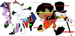 Size: 941x460 | Tagged: safe, derpibooru import, editor:wonderwolf51, twilight sparkle, oc, oc:solar eclipse, corrupted, error, friday night funkin', glitch, image, pibby, png, scrooge mcduck