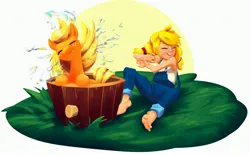 Size: 3489x2160 | Tagged: safe, artist:applephil, derpibooru import, applejack, earth pony, human, pony, barefoot, bucket, child, clothes, cute, duo, eyes closed, feet, female, freckles, head shake, high res, human ponidox, humanized, image, jackabetes, jpeg, mare, open mouth, overalls, pigtails, self paradox, self ponidox, shoulder freckles, simple background, wash bucket, wet, wet mane, white background, younger