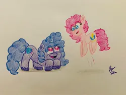 Size: 2048x1536 | Tagged: safe, artist:jesslmc16, derpibooru import, izzy moonbow, pinkie pie, earth pony, unicorn, my little pony: a new generation, alternate hairstyle, colored, colored pencil drawing, colored pencils, drawing, duo, duo female, female, g4, g5, image, jpeg, jumping, mane swap, smiling, traditional art