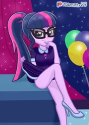 Size: 956x1341 | Tagged: suggestive, artist:tabrony23, derpibooru import, sci-twi, twilight sparkle, human, equestria girls, balloon, bedroom eyes, breasts, clothes, dress, female, glasses, image, looking at you, patreon, patreon exclusive, patreon logo, png, raised leg, sexy, shoes, show accurate, skirt, sleeveless, smiling, smiling at you, solo, solo female, stupid sexy sci-twi