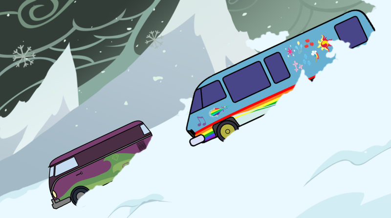 Size: 1000x559 | Tagged: safe, artist:thatradhedgehog, derpibooru import, equestria girls, gmc motorhome, image, png, racing, the dazzlings tour bus, the rainbooms tour bus, volkswagen, volkswagen bus