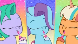 Size: 3410x1920 | Tagged: safe, derpibooru import, screencap, earth pony, pegasus, pony, unicorn, my little pony: tell your tale, spoiler:g5, spoiler:my little pony: tell your tale, spoiler:tyts01e28, eyes closed, female, filly, foal, g5, glory (g5), high res, image, jpeg, kissy face, peach fizz, pippsqueaks forever, seashell (g5), trio, trio female, youtube link