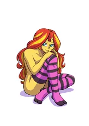 Size: 2894x4093 | Tagged: suggestive, artist:brother-tico, derpibooru import, sunset shimmer, equestria girls, clothes, image, looking at you, nudity, png, simple background, socks, striped socks, thigh highs, white background