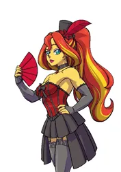 Size: 578x818 | Tagged: safe, artist:brother-tico, derpibooru import, sunset shimmer, human, equestria girls, choker, clothes, evening gloves, fan, fingerless elbow gloves, fingerless gloves, garter belt, gloves, hat, image, jpeg, long gloves, looking at you, simple background, socks, stockings, thigh highs, top hat, white background