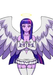 Size: 1448x2048 | Tagged: suggestive, artist:brother-tico, derpibooru import, twilight sparkle, human, equestria girls, absolute cleavage, angel, angelic wings, breasts, busty twilight sparkle, clasped hands, cleavage, clothes, female, garter belt, halo, image, jpeg, simple background, socks, solo, stockings, thigh highs, white background, wings