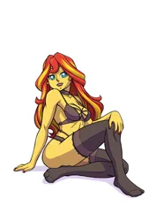 Size: 1448x2048 | Tagged: suggestive, artist:brother-tico, derpibooru import, sunset shimmer, human, equestria girls, bra, breasts, busty sunset shimmer, choker, clothes, female, image, jpeg, panties, simple background, socks, solo, solo female, stockings, thigh highs, underwear, white background