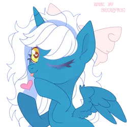 Size: 3100x3100 | Tagged: safe, artist:spotenyx, derpibooru import, oc, oc:fleurbelle, alicorn, pony, :p, alicorn oc, bow, female, hair bow, heart, heart eyes, hoof heart, horn, image, mare, one eye closed, png, simple background, tongue out, transparent background, wingding eyes, wings, wink