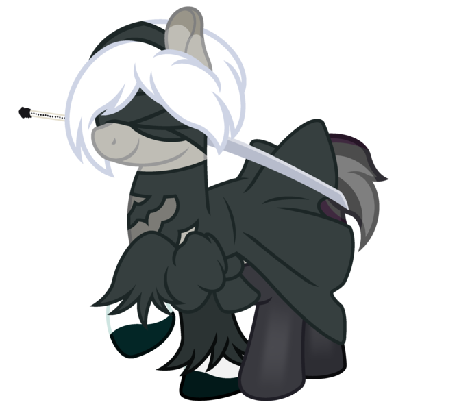 Size: 3200x2800 | Tagged: safe, artist:ponkus, derpibooru import, oc, oc:rocky karst, hybrid, kirin, 2b, blindfold, clothes, costume, dress, female, hairband, halloween, halloween costume, holiday, image, nier: automata, png, smiling, socks, solo, sword, weapon, wig