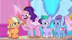 Size: 3410x1920 | Tagged: safe, derpibooru import, screencap, pipp petals, earth pony, pegasus, pony, unicorn, my little pony: tell your tale, spoiler:g5, spoiler:my little pony: tell your tale, spoiler:tyts01e28, female, filly, foal, g5, glory (g5), high res, image, jpeg, mare, mobile phone, one eye closed, open mouth, open smile, peach fizz, phone, pippsqueaks forever, seashell (g5), smartphone, smiling, wink, youtube link