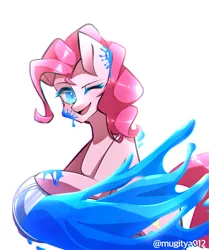 Size: 1536x1836 | Tagged: safe, artist:mugitya012, derpibooru import, pinkie pie, earth pony, pony, semi-anthro, female, hoof hold, image, jpeg, looking at you, mare, one eye closed, open mouth, paint, simple background, solo, white background