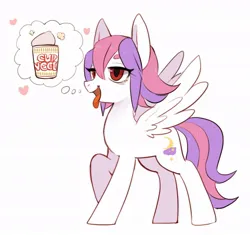 Size: 950x894 | Tagged: safe, artist:hosikawa, derpibooru import, oc, unofficial characters only, pegasus, pony, cup noodles, heart, image, jpeg, open mouth, pegasus oc, raised hoof, simple background, spread wings, thought bubble, tongue out, white background, wings