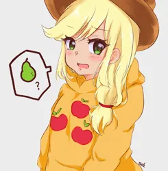 Size: 2008x2048 | Tagged: safe, artist:moh_mlp2, derpibooru import, applejack, human, pony, applejack's hat, clothes, cowboy hat, cutie mark, cutie mark on clothes, female, food, hat, hoodie, humanized, image, jacket, jpeg, looking at you, mare, open mouth, pear, question mark, simple background, solo, speech bubble, white background