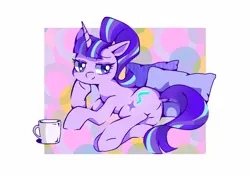 Size: 1754x1240 | Tagged: safe, artist:stacy_165cut, derpibooru import, starlight glimmer, pony, unicorn, abstract background, butt, cup, dock, female, horn, image, jpeg, lidded eyes, looking at you, lying down, mare, pillow, plot, s5 starlight, side, simple background, solo, tail, underhoof, white background