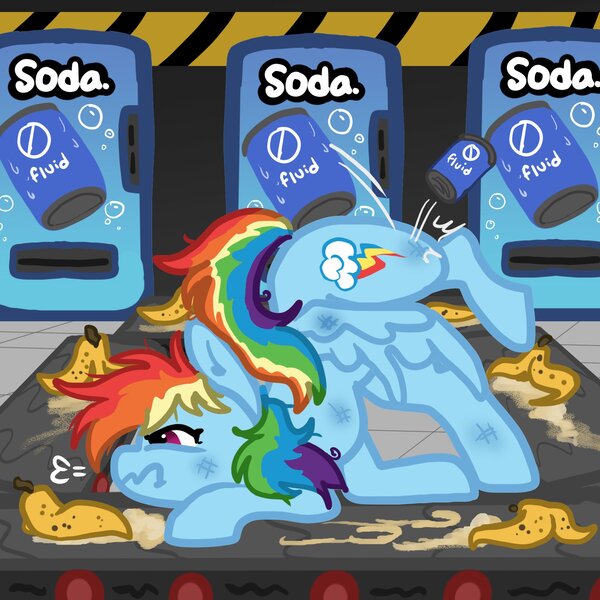 Size: 2000x2000 | Tagged: safe, artist:nootaz, derpibooru import, rainbow dash, pegasus, pony, banana peel, conveyor belt, image, jpeg, slumped, soda machine, space station 13, tripped