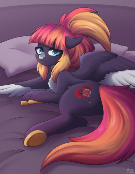 Size: 1776x2277 | Tagged: suggestive, artist:alunedoodle, derpibooru import, oc, oc:sunrise virtue, pegasus, pony, bed, bedroom eyes, commission, image, pegasus oc, png, wings, ych result