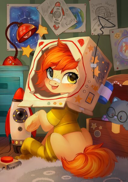 Size: 2894x4093 | Tagged: safe, artist:sofiko-ko, derpibooru import, oc, oc:rusty gears, cat, earth pony, pony, bandaid, bandaid on nose, cardboard box, clothes, cute, female, filly, foal, heterochromia, high res, image, jpeg, looking at you, looking back, looking back at you, ocbetes, open mouth, open smile, rocket, sitting, smiling, smiling at you, socks, solo, space helmet, striped socks, toy, younger