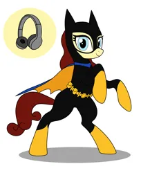 Size: 2160x2650 | Tagged: safe, artist:metal-jacket444, derpibooru import, ponified, earth pony, pony, barbara gordon, batgirl, batman, clothes, cutie mark, dc comics, headphones, image, mask, png, simple background, solo, staff, white background