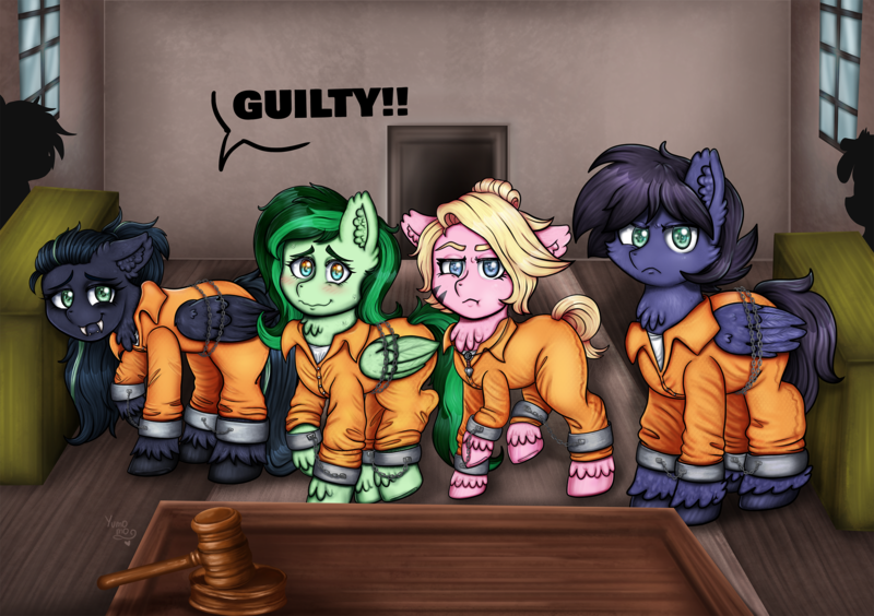 Size: 2500x1763 | Tagged: safe, artist:yumomochan, derpibooru import, oc, oc:eden shallowleaf, oc:fenris ebonyglow, oc:kara waypoint, unofficial characters only, earth pony, pegasus, clothes, commission, cuffs, handcuffed, image, png, prison outfit, prisoner