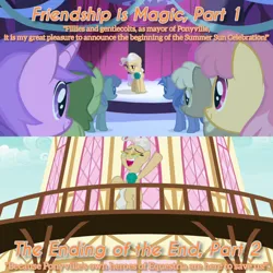 Size: 1920x1920 | Tagged: safe, derpibooru import, edit, edited screencap, editor:itsmgh1203, screencap, amethyst star, mayor mare, earth pony, pony, unicorn, friendship is magic, season 1, season 9, the ending of the end, spoiler:s09, eyes closed, female, image, jpeg, male, mare, open mouth, open smile, ponyville town hall, smiling, stallion, text