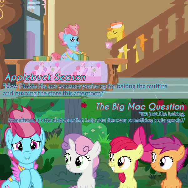 Size: 1920x1920 | Tagged: safe, derpibooru import, edit, edited screencap, editor:itsmgh1203, screencap, apple bloom, carrot cake, cup cake, scootaloo, sweetie belle, earth pony, pegasus, pony, unicorn, applebuck season, season 1, season 9, the big mac question, spoiler:s09, apple bloom's bow, bow, cutie mark crusaders, eyes closed, female, filly, foal, grin, hair bow, image, jpeg, male, mare, mouth hold, open mouth, open smile, smiling, stallion, sugarcube corner, text