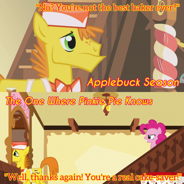 Size: 1920x1920 | Tagged: safe, derpibooru import, edit, edited screencap, editor:itsmgh1203, screencap, carrot cake, pinkie pie, earth pony, pony, applebuck season, season 1, season 5, the one where pinkie pie knows, duo, duo male and female, female, grin, image, jpeg, male, mare, smiling, stallion, sugarcube corner, text