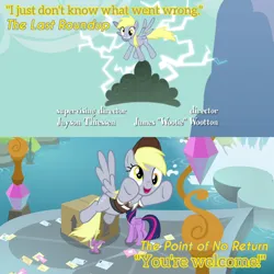 Size: 1920x1920 | Tagged: safe, derpibooru import, edit, edited screencap, editor:itsmgh1203, screencap, derpy hooves, spike, twilight sparkle, twilight sparkle (alicorn), alicorn, dragon, pegasus, pony, season 2, season 9, the last roundup, the point of no return, spoiler:s09, box, cloud, female, flying, image, jpeg, male, mare, open mouth, open smile, school of friendship, smiling, spread wings, text, winged spike, wings