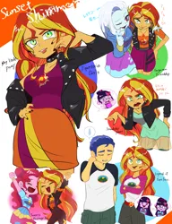 Size: 1851x2408 | Tagged: safe, artist:ameame_trine, derpibooru import, flash sentry, pinkie pie, sci-twi, sunset shimmer, trixie, twilight sparkle, equestria girls, equestria girls (movie), equestria girls series, forgotten friendship, friendship games, legend of everfree, sunset's backstage pass!, spoiler:eqg series (season 2), choker, clothes, cravat, geode of empathy, geode of sugar bombs, hoodie, image, jacket, jpeg, leather, leather jacket, lipstick, magical geodes, nail polish, one eye closed, sad, shirt, skirt, speech bubble, sweat, sweatdrop, t-shirt, teary eyes, wink
