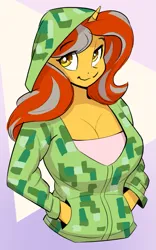Size: 663x1061 | Tagged: safe, artist:ahobobo, derpibooru import, oc, oc:cinderheart, anthro, pony, unicorn, anthro oc, breasts, busty oc, cleavage, clothes, creeper, female, hand in pocket, hoodie, horn, image, long mane, looking at you, mare, minecraft, not sunset shimmer, png, simple background, unicorn oc, waist up