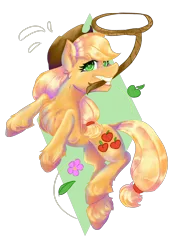 Size: 1754x2480 | Tagged: safe, artist:dankpegasista, derpibooru import, applejack, earth pony, pony, apple, dynamic pose, element of honesty, flower, food, geometry, hat, image, lasso, leaf, mouth hold, multicolored hair, png, rope, tied hair