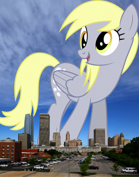 Size: 1509x1920 | Tagged: safe, artist:dashiesparkle, artist:jaredking779, derpibooru import, derpy hooves, pegasus, pony, background pony, female, giant derpy hooves, giant pegasus, giant pony, giantess, highrise ponies, image, irl, jpeg, macro, mare, mega giant, oklahoma, oklahoma city, open mouth, photo, ponies in real life, smiling, solo