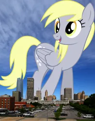 Size: 1509x1920 | Tagged: safe, artist:dashiesparkle, artist:jaredking779, derpibooru import, derpy hooves, pegasus, pony, background pony, female, giant derpy hooves, giant pegasus, giant pony, giantess, highrise ponies, image, irl, jpeg, macro, mare, mega giant, oklahoma, oklahoma city, open mouth, photo, ponies in real life, smiling, solo