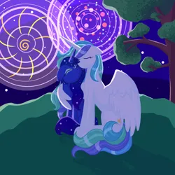 Size: 2022x2022 | Tagged: safe, artist:lindasaurie, derpibooru import, princess celestia, princess luna, alicorn, pony, duo, duo female, ethereal mane, eye clipping through hair, female, fireworks, high res, image, night, night sky, png, redesign, retirement, royal sisters, sibling love, siblings, sisterly love, sisters, sky