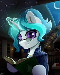 Size: 4000x5000 | Tagged: safe, artist:rainbowfire, derpibooru import, medallion gold, sapphire joy, oc, unofficial characters only, pony, unicorn, astronomy, background, book, book cover, bookshelf, cape, clothes, complex background, constellation, cover, cute, darkness, ear fluff, female, glasses, grin, horn, image, jewelry, looking at you, magic, mare, medallion, moon, night, observatory, pattern, png, purple eyes, smiling, solo, stars, telescope, torch