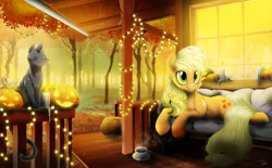 Size: 1600x992 | Tagged: safe, artist:dormin-dim, derpibooru import, applejack, cat, earth pony, pony, candle, halloween, holiday, image, jack-o-lantern, jpeg, lying down, pomy, pumpkin, solo