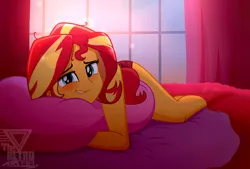 Size: 2000x1354 | Tagged: suggestive, artist:theretroart88, derpibooru import, sunset shimmer, equestria girls, bed, clothes, image, messy hair, panties, pillow, png, red underwear, underwear