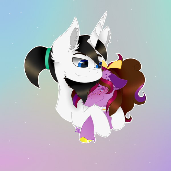 Size: 800x800 | Tagged: safe, artist:kapai882, artist:kathe, derpibooru import, oc, oc:kathe, unicorn, blue eyes, collar, couple, hair bun, hair over one eye, image, png