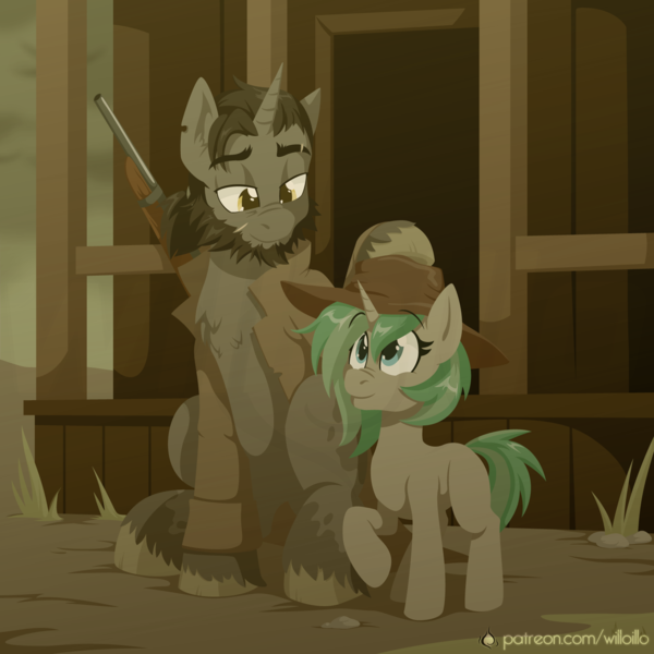 Size: 1600x1600 | Tagged: safe, artist:willoillo, derpibooru import, oc, oc:casey, oc:flint, unicorn, fallout equestria, commission, fallout equestria: all things unequal, father and child, father and daughter, female, gun, hat, horn, image, male, png, rifle, unicorn oc, weapon