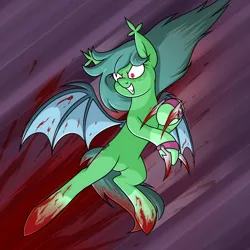 Size: 1938x1941 | Tagged: grimdark, artist:moonatik, derpibooru import, oc, oc:carte blanche, unofficial characters only, bat pony, pony, abstract background, bat pony oc, bat wings, blood, blood splatter, evil grin, eyeshadow, flying, freckles, grin, hoof blades, image, makeup, male, png, smiling, solo, speed lines, spread wings, stallion, violence, vulgar description, wings