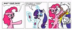 Size: 960x406 | Tagged: safe, artist:gingerfoxy, derpibooru import, pinkie pie, rarity, earth pony, pony, unicorn, pony comic generator, alcohol, comic, glow, glowing horn, horn, image, jpeg, magic, pillow, telekinesis, toasting, wine