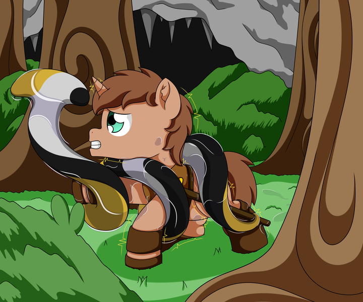 Size: 3000x2500 | Tagged: grimdark, artist:pvryohei, derpibooru import, oc, oc:heroic armour, goo, pony, unicorn, worm, armor, boots, cave, clothes, coils, colt, commission, ears, fight, flatworm, foal, forest, gritted teeth, image, leather, leather armor, leather boots, male, panicking, paralyzed, png, shoes, slime, struggling, sword, teeth, tree, weapon