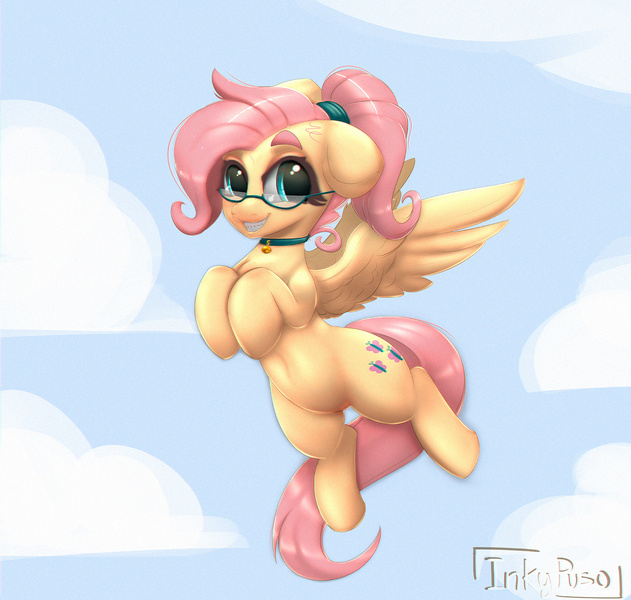 Size: 1500x1427 | Tagged: safe, artist:inkypuso, derpibooru import, fluttershy, pegasus, pony, alternate hairstyle, choker, cute, female, flying, freckles, freckleshy, glasses, grin, image, jpeg, looking at you, mare, ponytail, shyabetes, smiling, smiling at you, solo