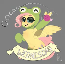 Size: 1000x980 | Tagged: safe, artist:inkypuso, derpibooru import, fluttershy, frog, pegasus, pony, animal costume, chest fluff, clothes, costume, cute, female, frog costume, gray background, image, it is wednesday my dudes, jpeg, mare, meme, open mouth, open smile, shyabetes, simple background, smiling, solo